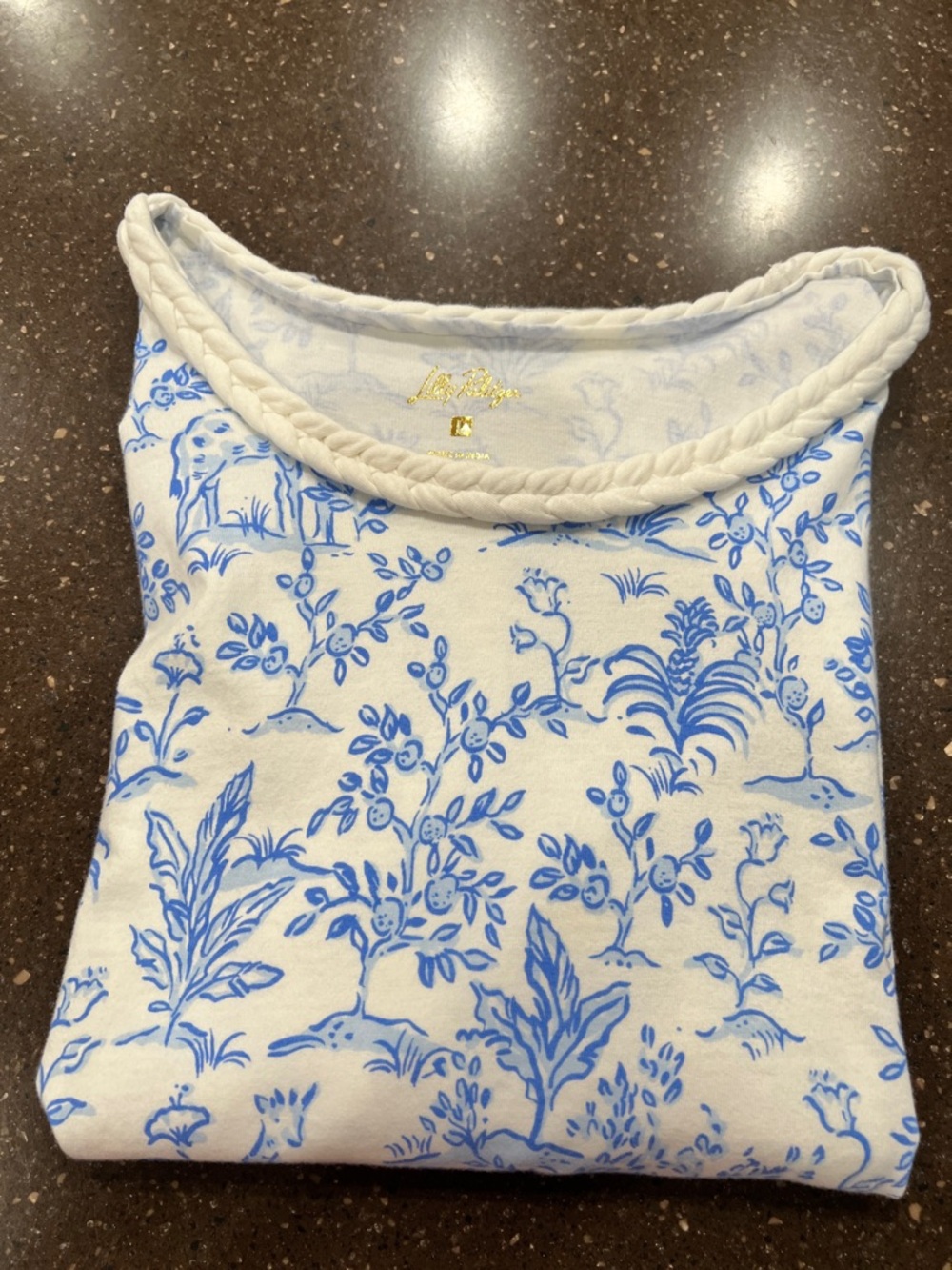 Lilly Pulitzer Blue Toile Knit Top with Rope Trim and 3 quarter sleeves